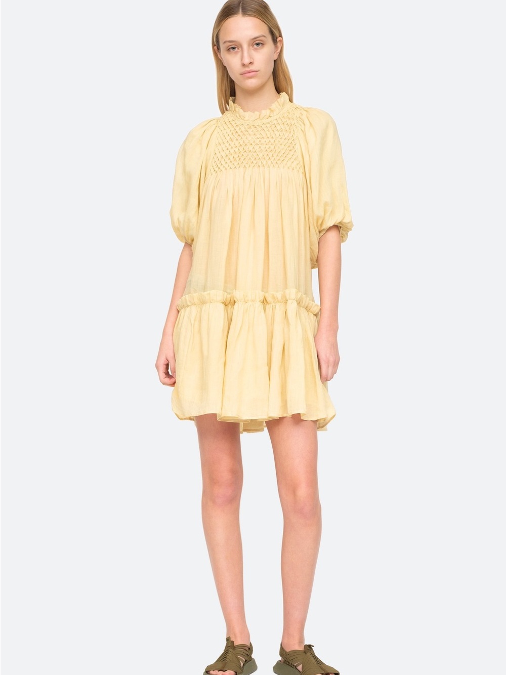Sea New York Geneva Butter Yellow Smocked Babydoll Mini Dress